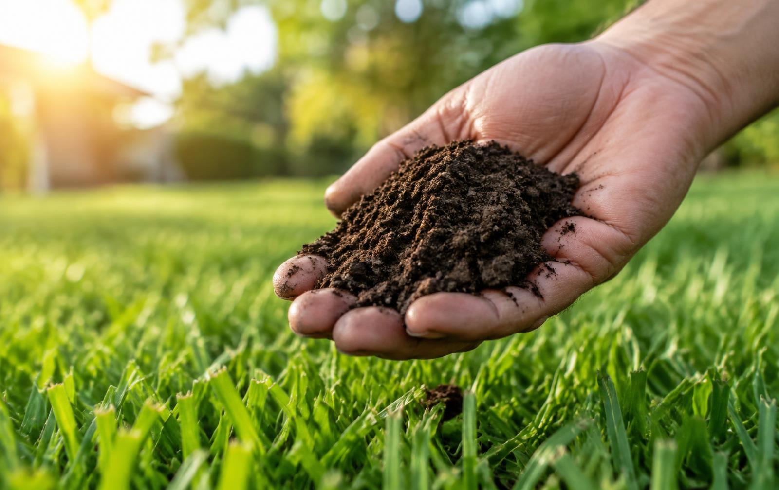 Hand holding rich dark soil above a healthy green lawn