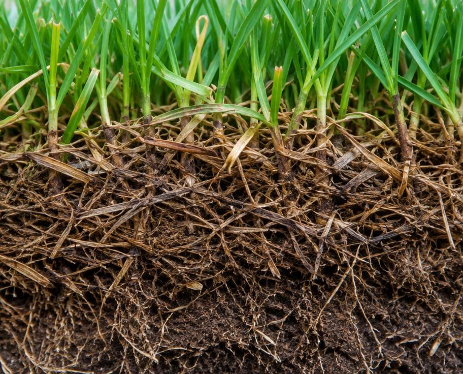 Thick thatch layer between grass blades and soil