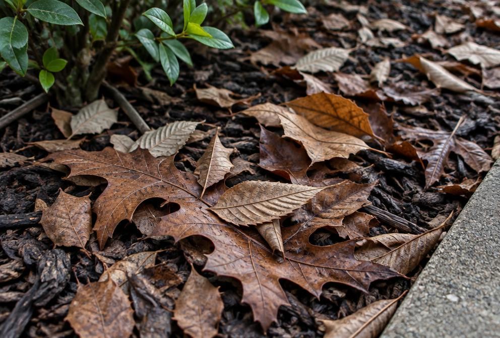 Fallen leaves collected along the edge of a landscape bed