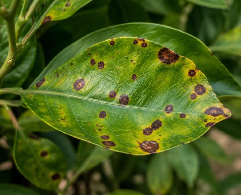 Brown leaf spots and discoloration on a green shrub leaf