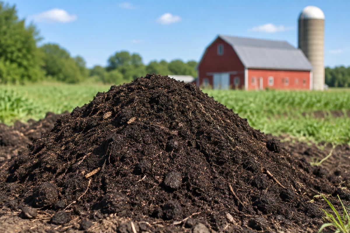 Pile of composted soil amendment in a farm field with a red barn behind it