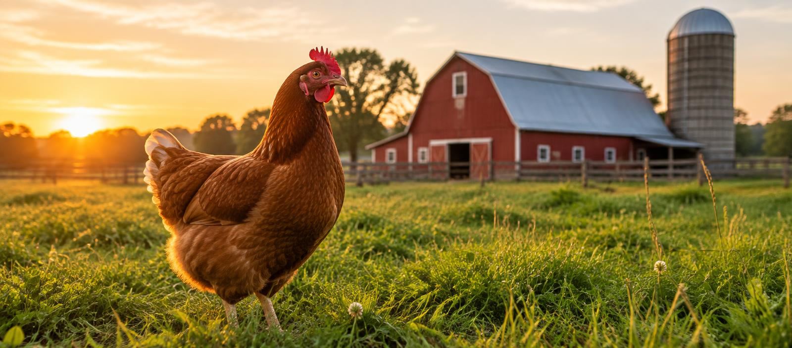 Hen in a farm pasture at sunset with a red barn in the background