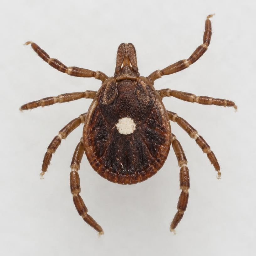 Macro photograph of a lone star tick with a white dot on its back