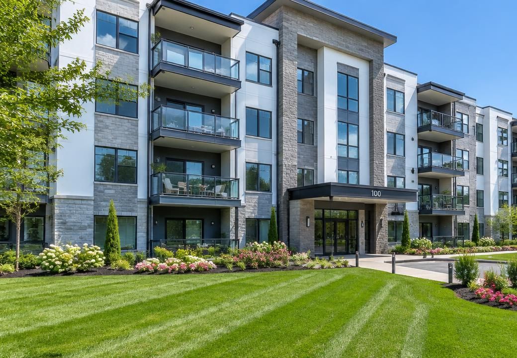 Modern mid-rise apartment building with glass balconies behind a manicured, striped green lawn and flower beds in New Jersey