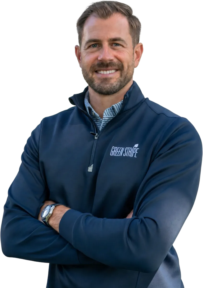 Mike Fabian, founder of GreenStripe, in a branded navy pullover