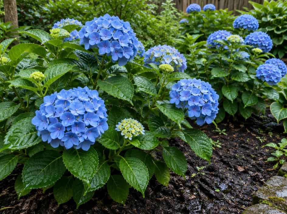 Blue hydrangeas growing in consistently moist garden soil