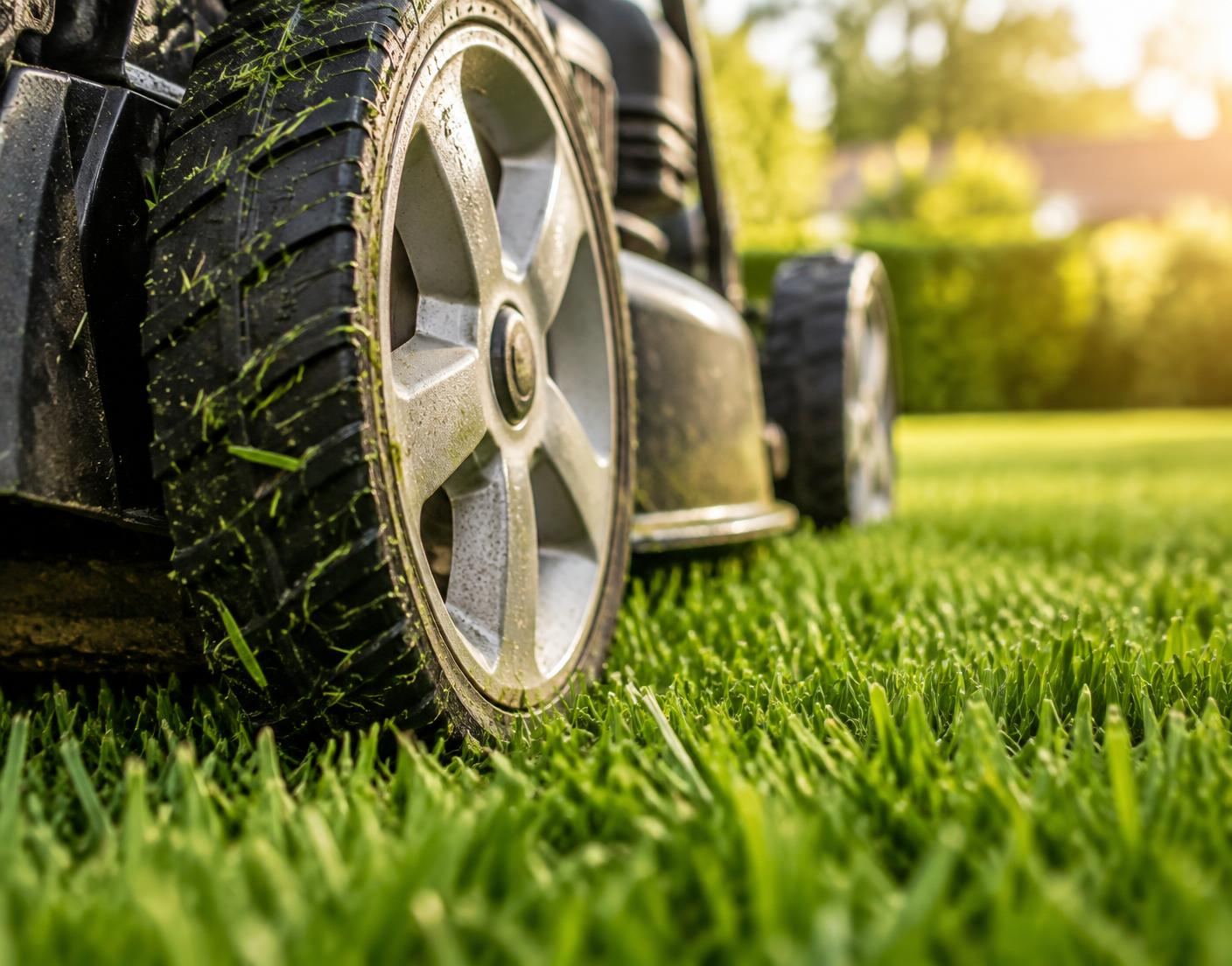 Mower wheel on a lush green lawn with fresh clippings