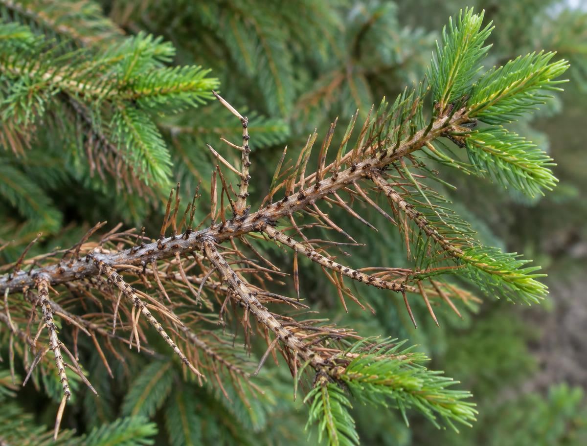 Spruce branch with inner needles shed from needle cast disease