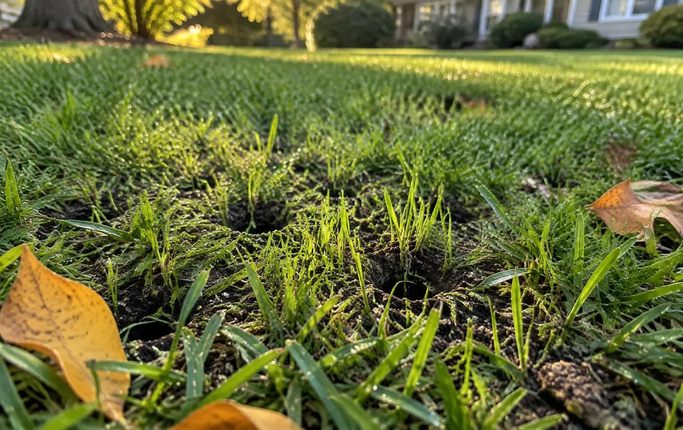 Young cool-season grass seedlings emerging from aeration holes among existing turf in early fall, with yellow fallen leaves at the edge of a New Jersey lawn