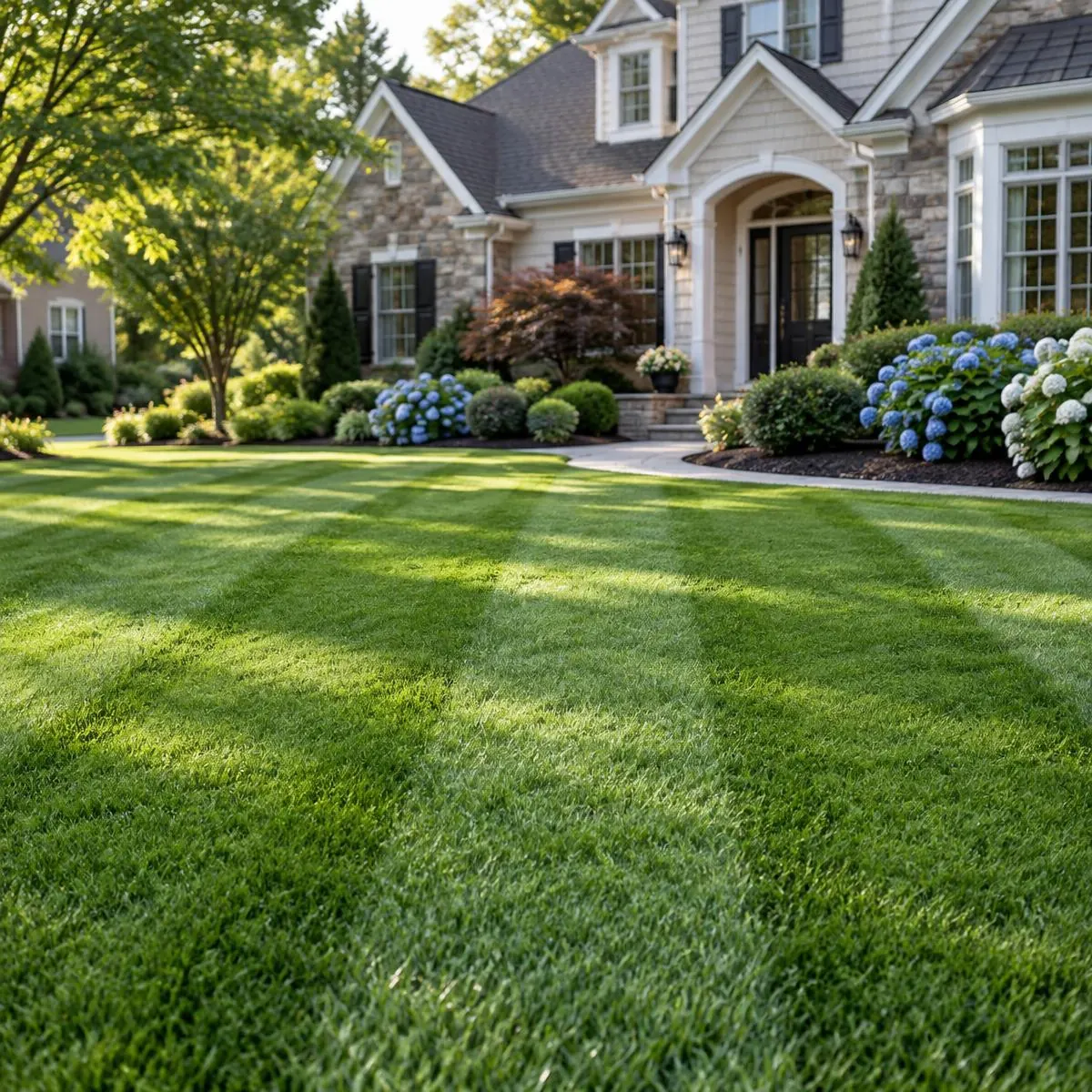 Professionally maintained front lawn at an upscale Northern New Jersey home