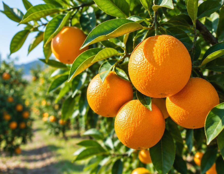 Ripe oranges hanging on a sunlit citrus tree branch