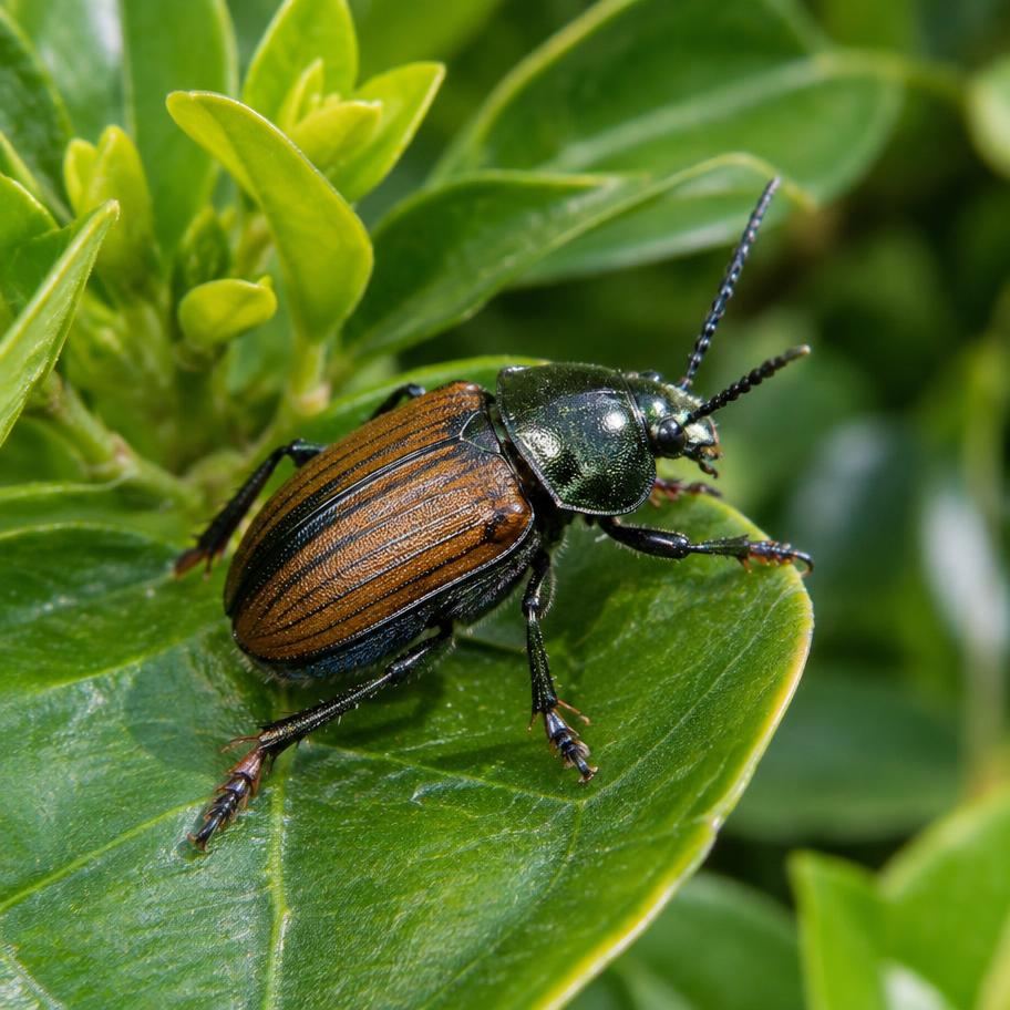 Beetle resting on a glossy green ornamental shrub leaf