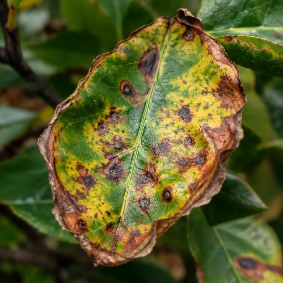 Ornamental shrub leaf showing fungal disease blotches and browning edges