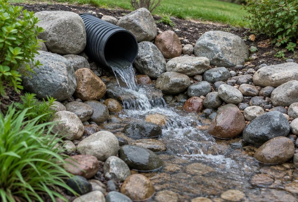 Drainage pipe outlet in a river rock bed