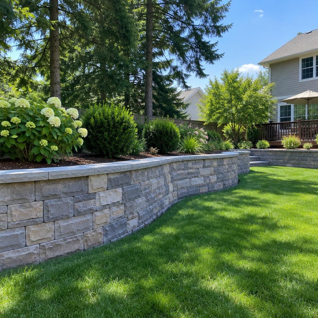 Backyard with a stone retaining wall, lawn and shrubs