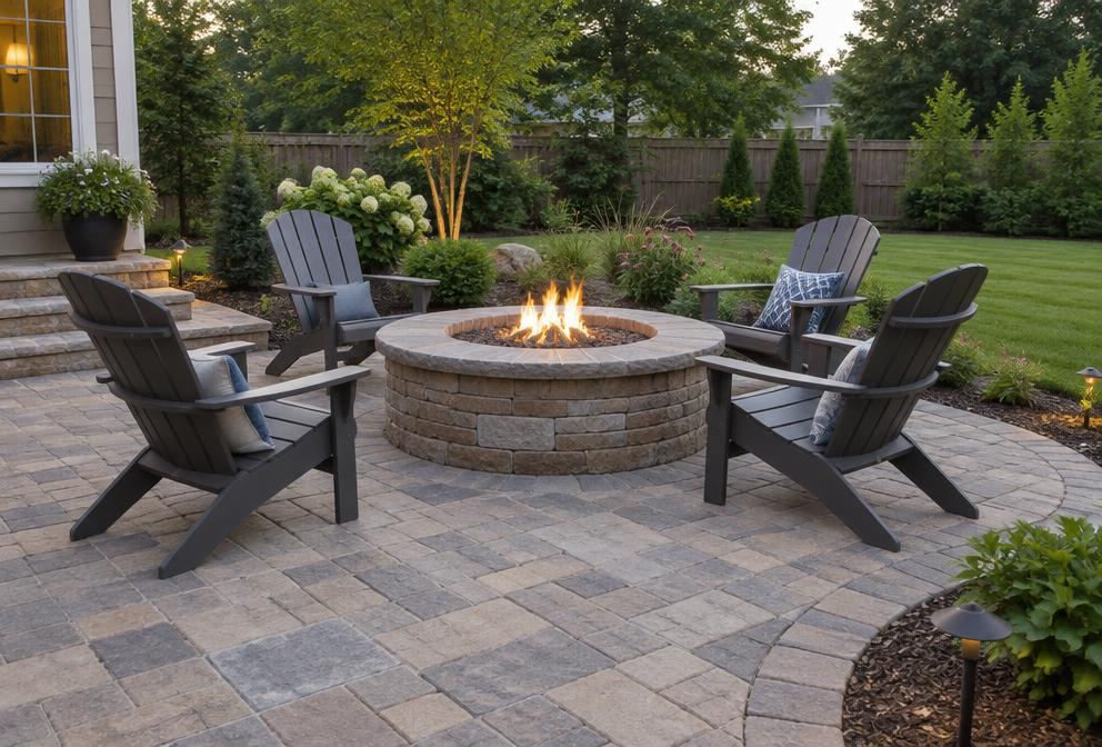 Paver patio with a stone fire pit
