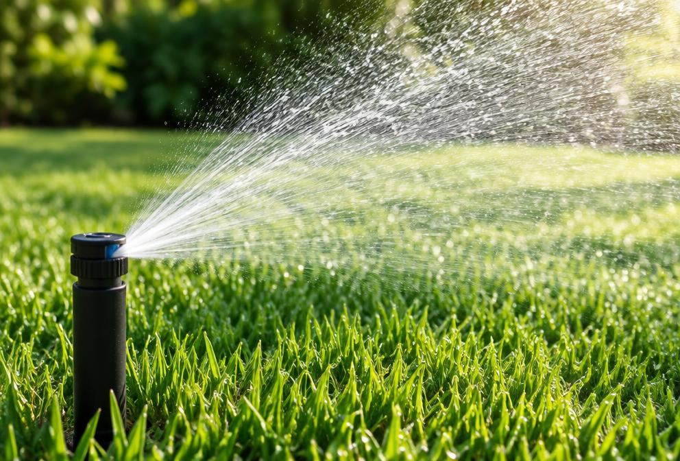 Irrigation sprinkler watering a lawn