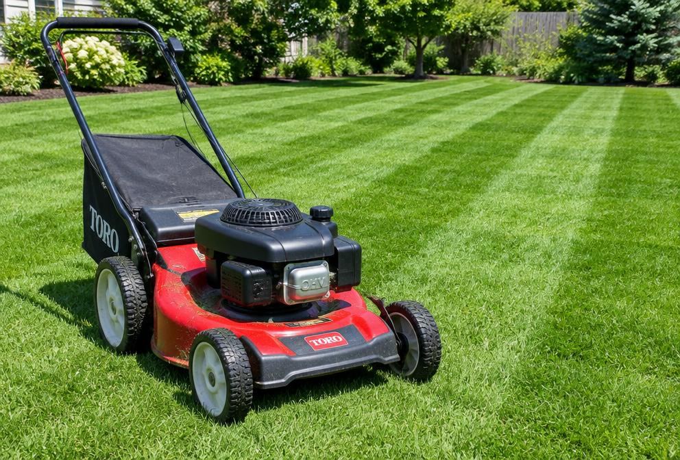 Walk-behind mower on a freshly striped lawn