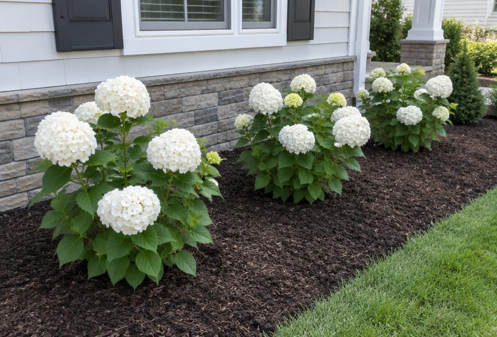 Newly planted white hydrangeas in a mulched bed