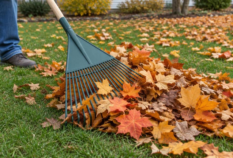 Rake gathering autumn leaves on a lawn