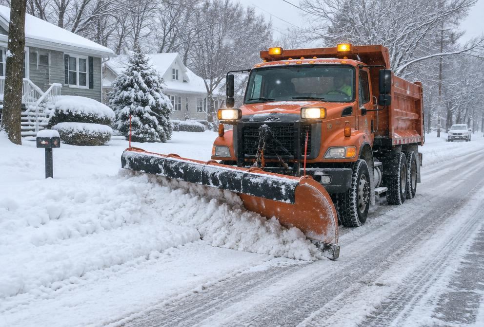 Snow plow clearing a residential street