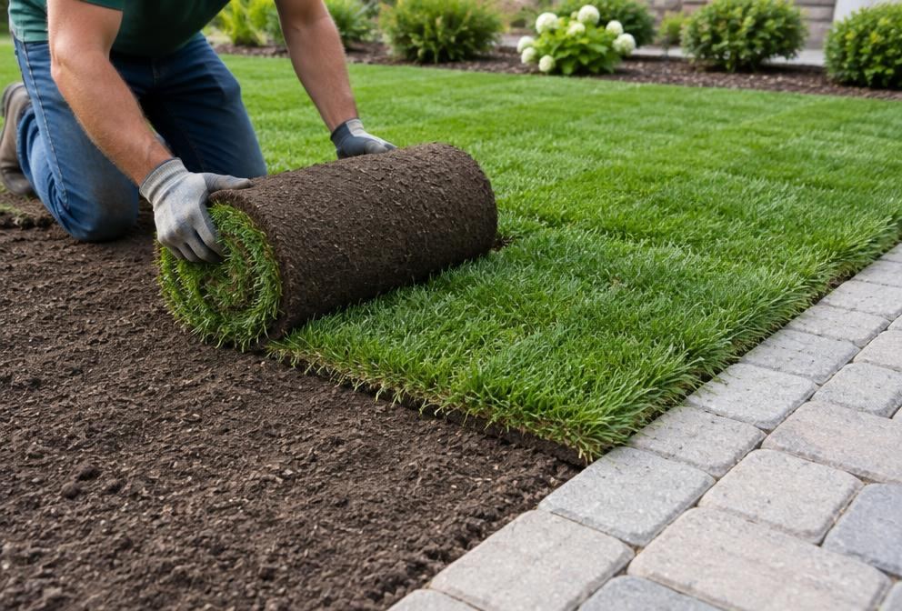 Contractor unrolling fresh sod beside a paver path
