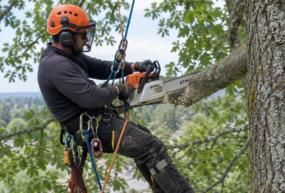 Arborist pruning a tree limb