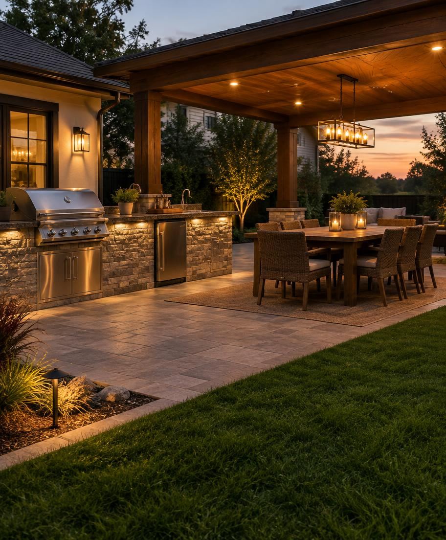 Covered patio with an outdoor kitchen and dining table beside a lawn in the evening