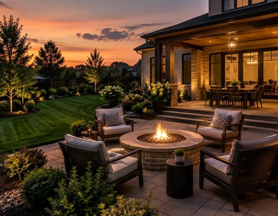 Backyard patio with fire pit at dusk