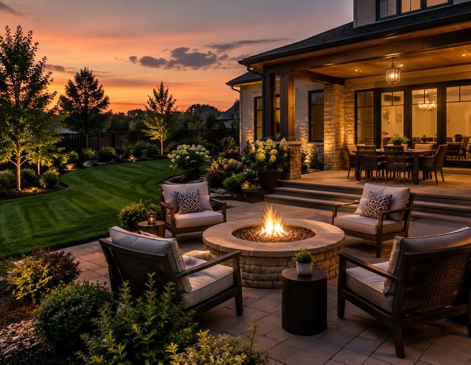 Backyard patio with fire pit at dusk