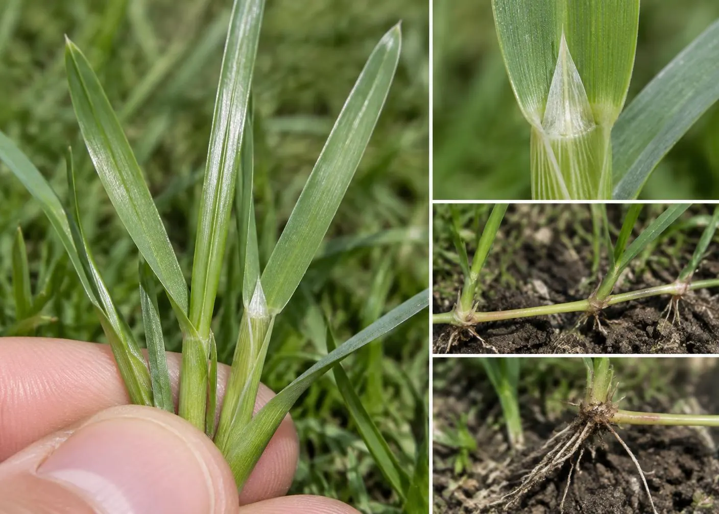 Close-up of Poa trivialis blades showing glossy light-green leaves, boat-shaped tips, a long pointed membranous ligule and thin above-ground stolons