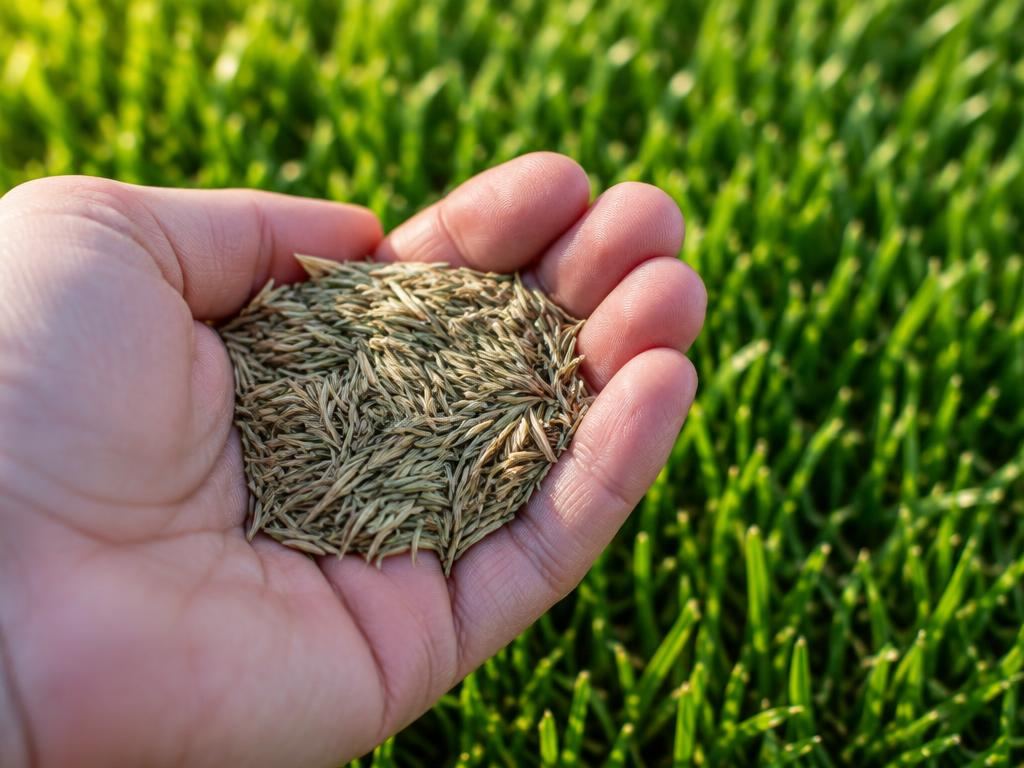 Hand holding premium grass seed above a green lawn
