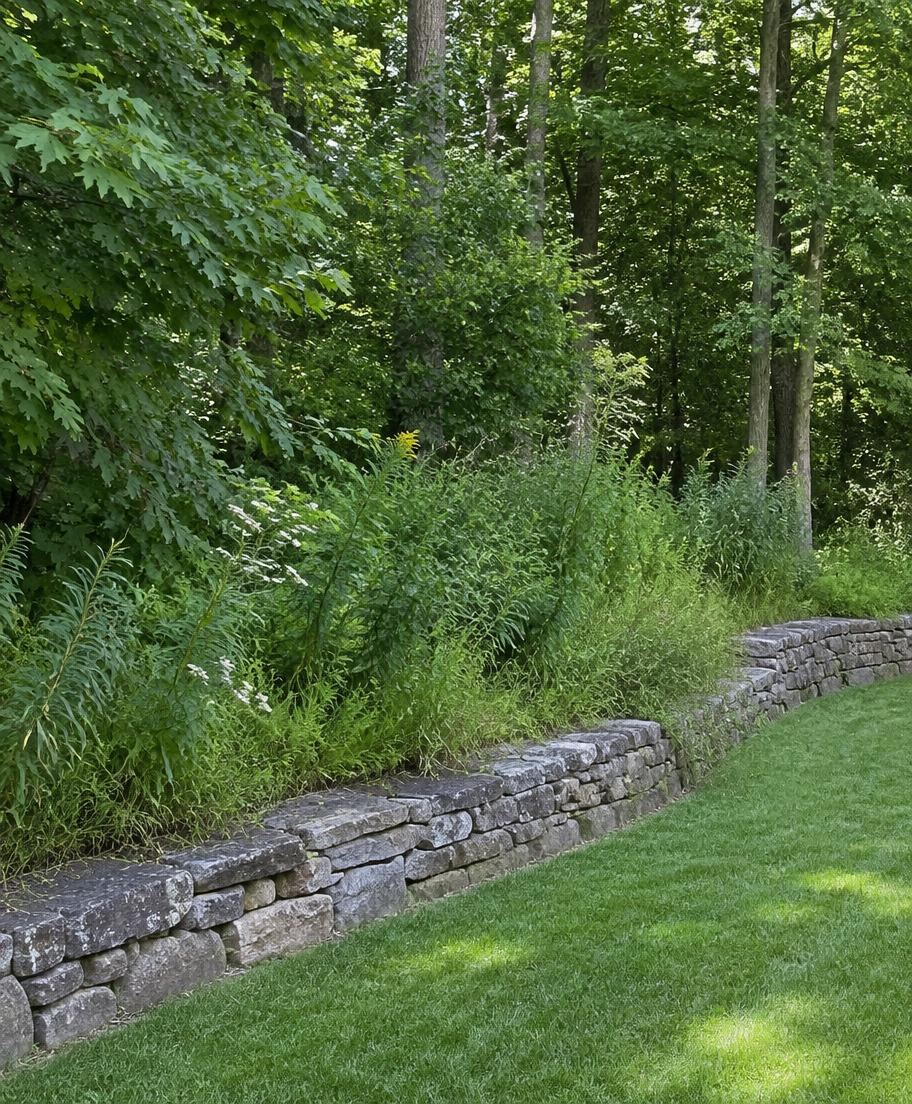 Lawn edge meeting a stone wall and wooded tree line with tall vegetation