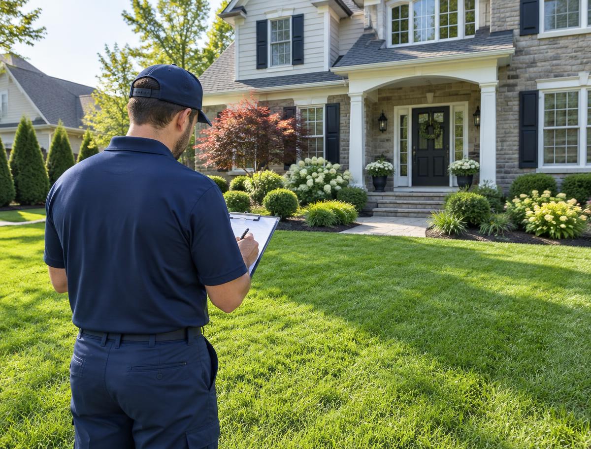 GreenStripe professional inspecting the front lawn of an upscale New Jersey home with a clipboard