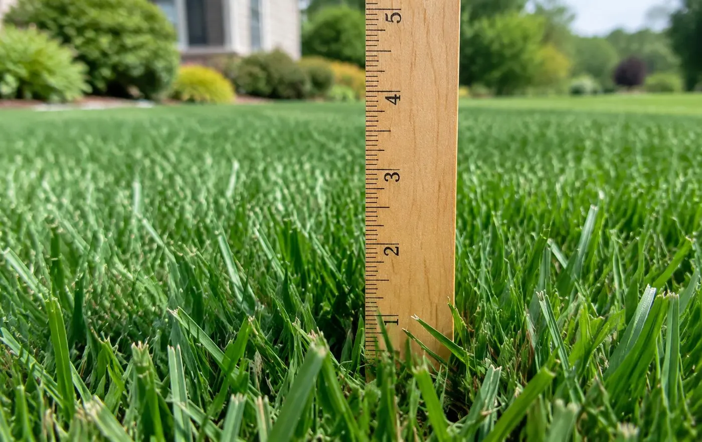 Wooden ruler standing upright in a dense tall-fescue lawn showing the grass at about 3.5 inches tall