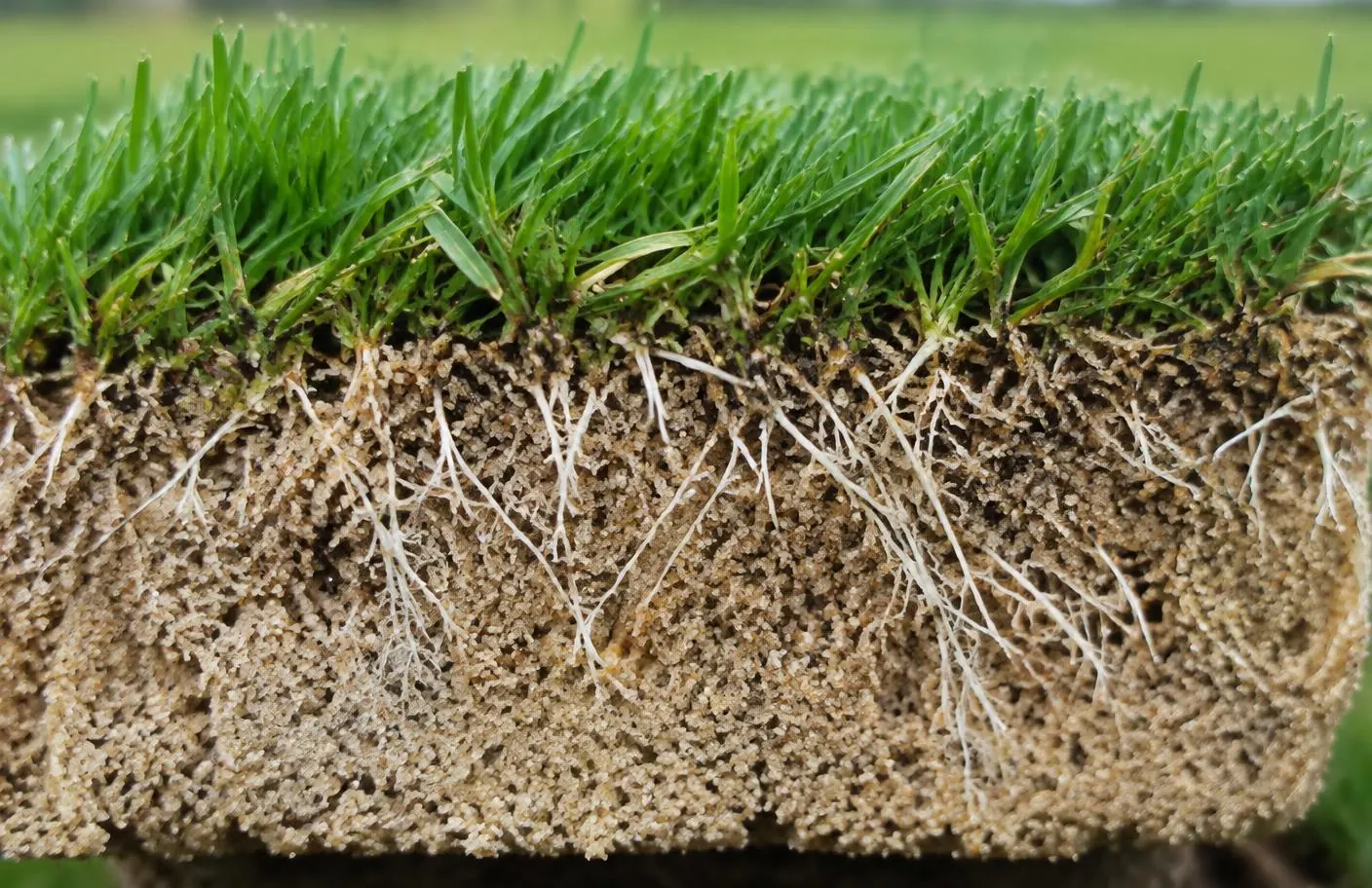 Cross-section of sports field sod showing dense Kentucky bluegrass growing in a sandy, fast-draining rootzone with white roots