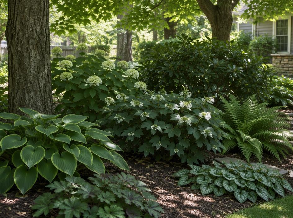 Sunlight filtering through trees onto a shaded garden bed