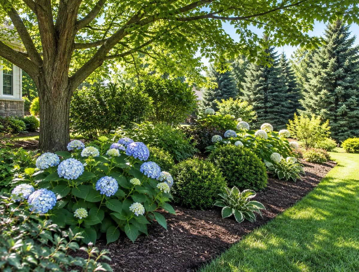 Shaded landscape beds, shrubs and a wooded property edge beside a manicured lawn