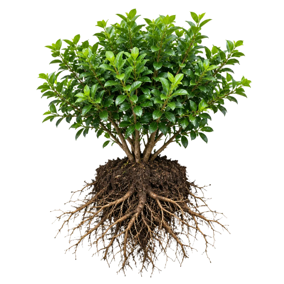 Ornamental shrub shown with its soil clump and spreading root system exposed below the surface