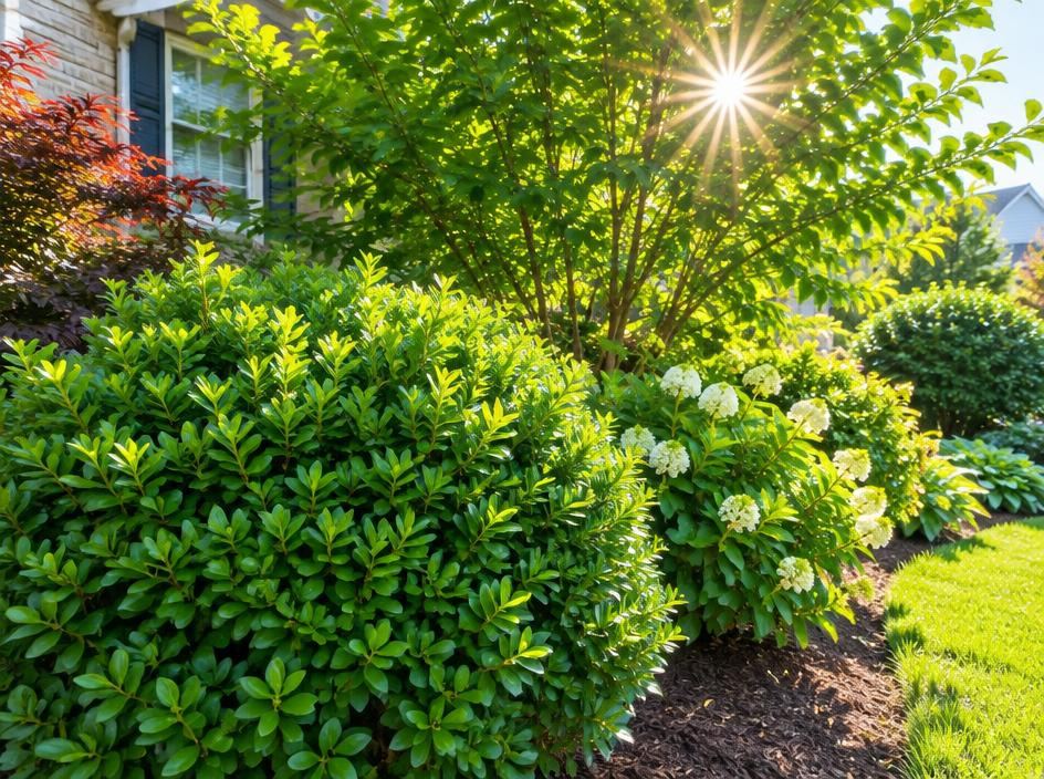 Ornamental shrubs growing in bright full sun beside a New Jersey home