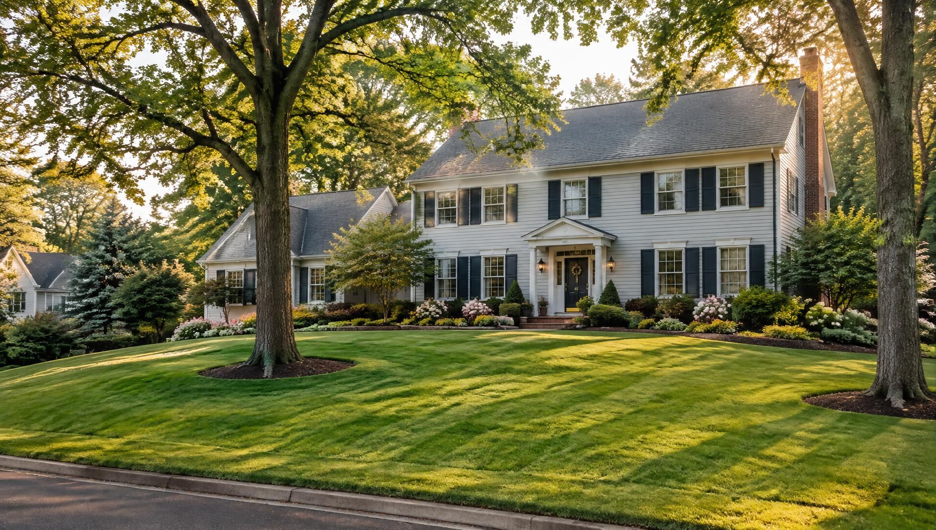 Colonial home on a gently sloping striped front lawn beneath mature trees in Mountainside, NJ