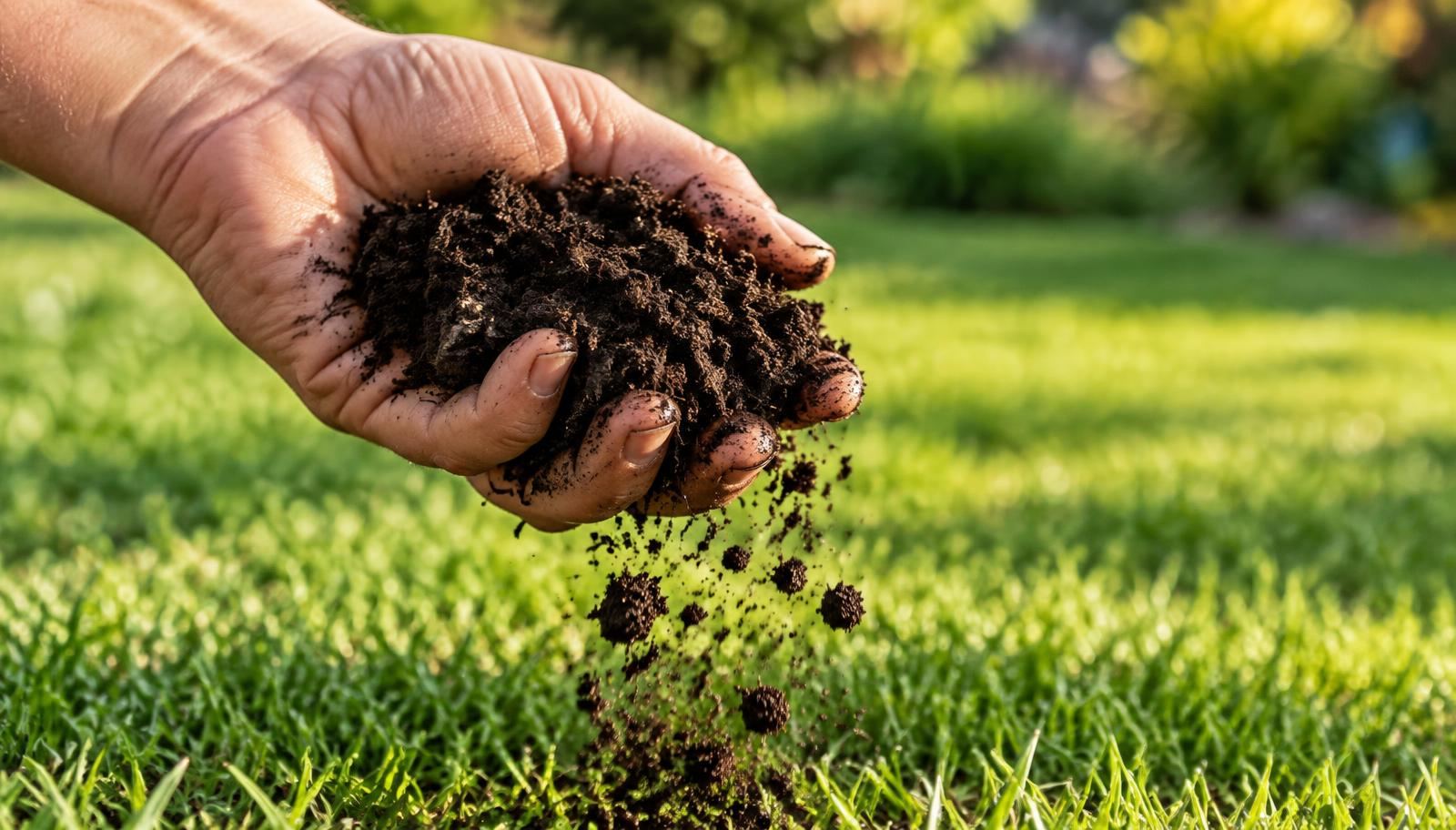 Soil enrichment material spread across lawn turf in New Jersey