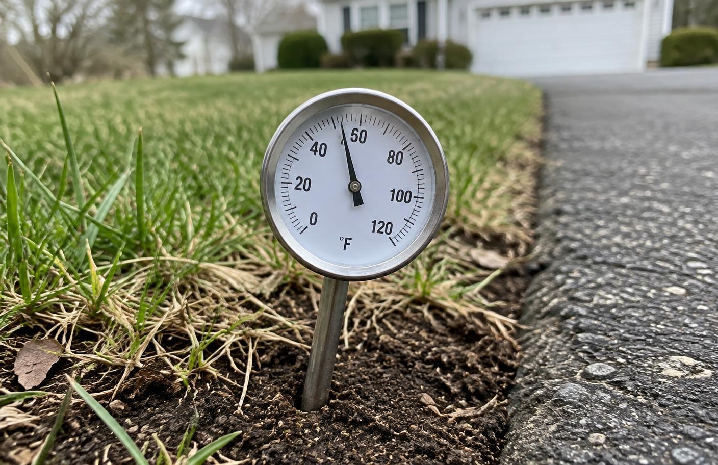 Soil thermometer probe pushed into lawn soil beside an asphalt driveway in early spring in a New Jersey neighborhood