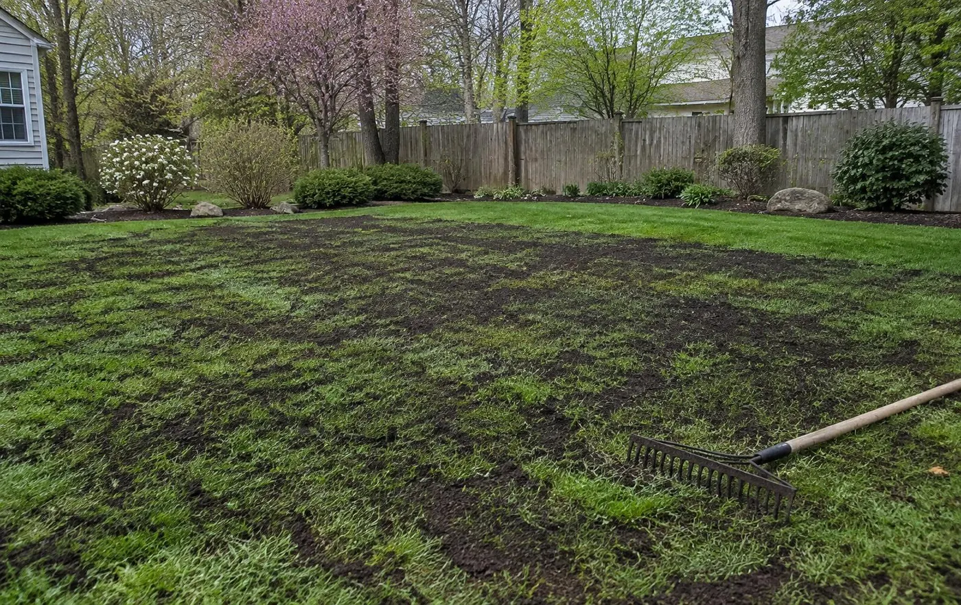 Thin layer of dark screened compost topdressed over an established green backyard lawn in spring in Northern New Jersey, with a rake resting on the turf