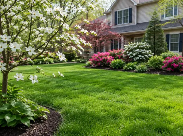 Vigorously growing spring lawn with blooming dogwood at a New Jersey home