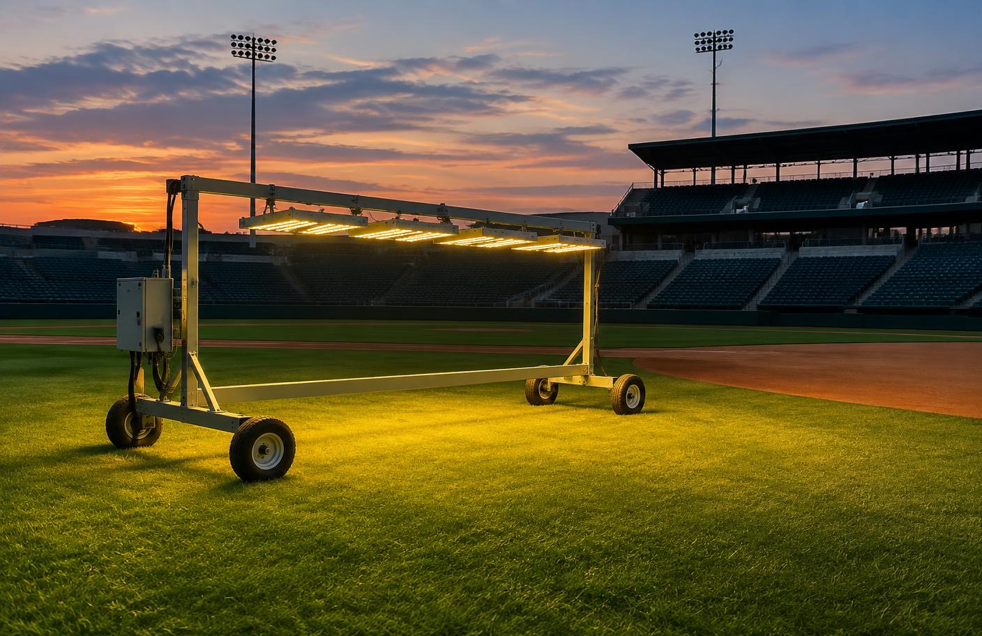 Mobile LED grow light rig on wheels shining over natural grass in an empty baseball stadium at dusk