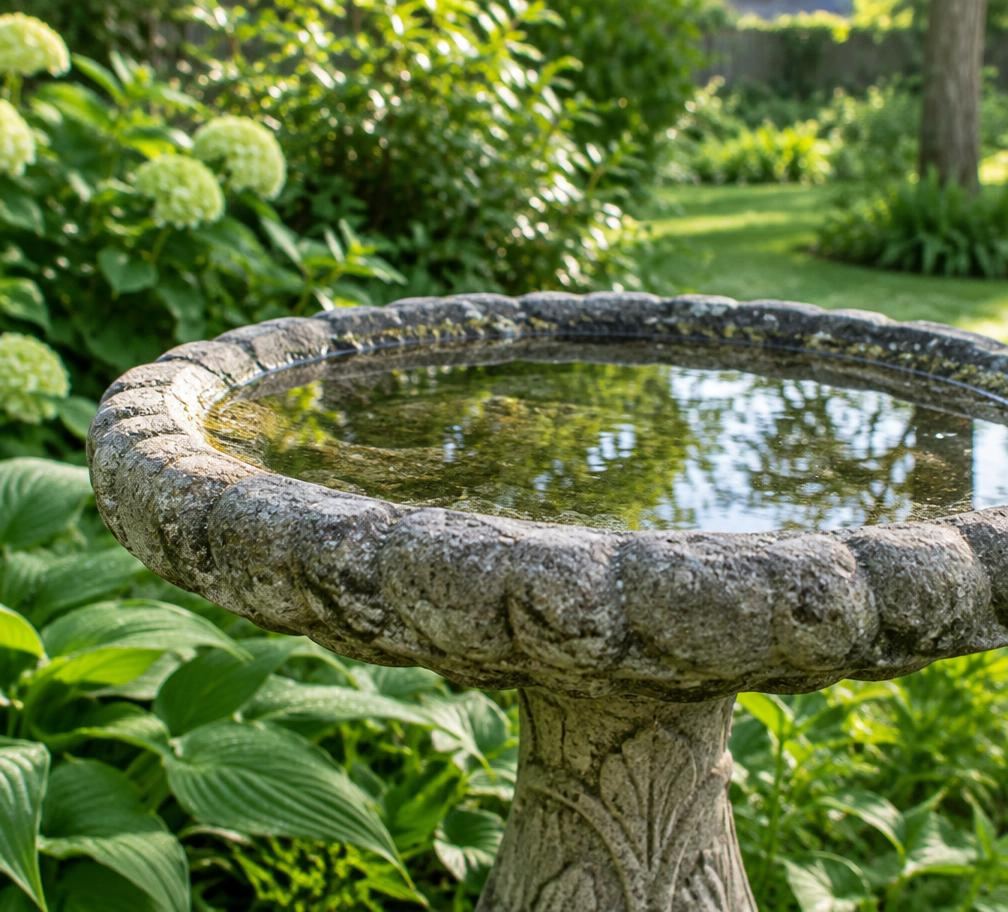 Stone birdbath holding standing water in a lush backyard garden