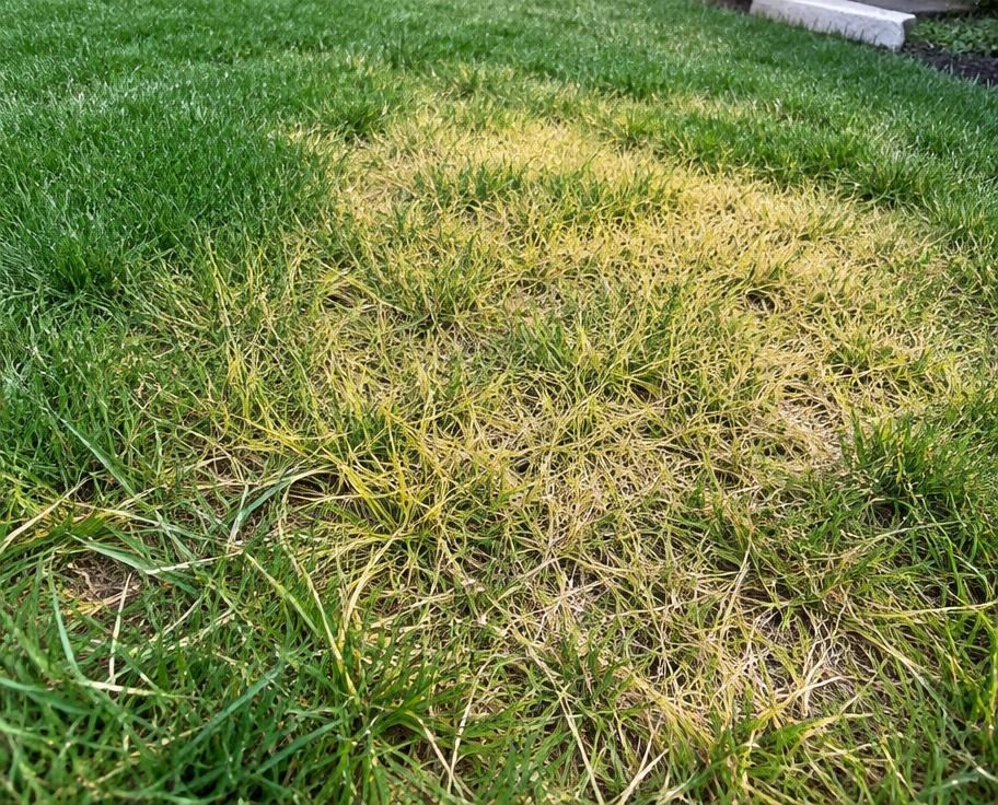 Thin, struggling turf with bare soil showing through a New Jersey lawn