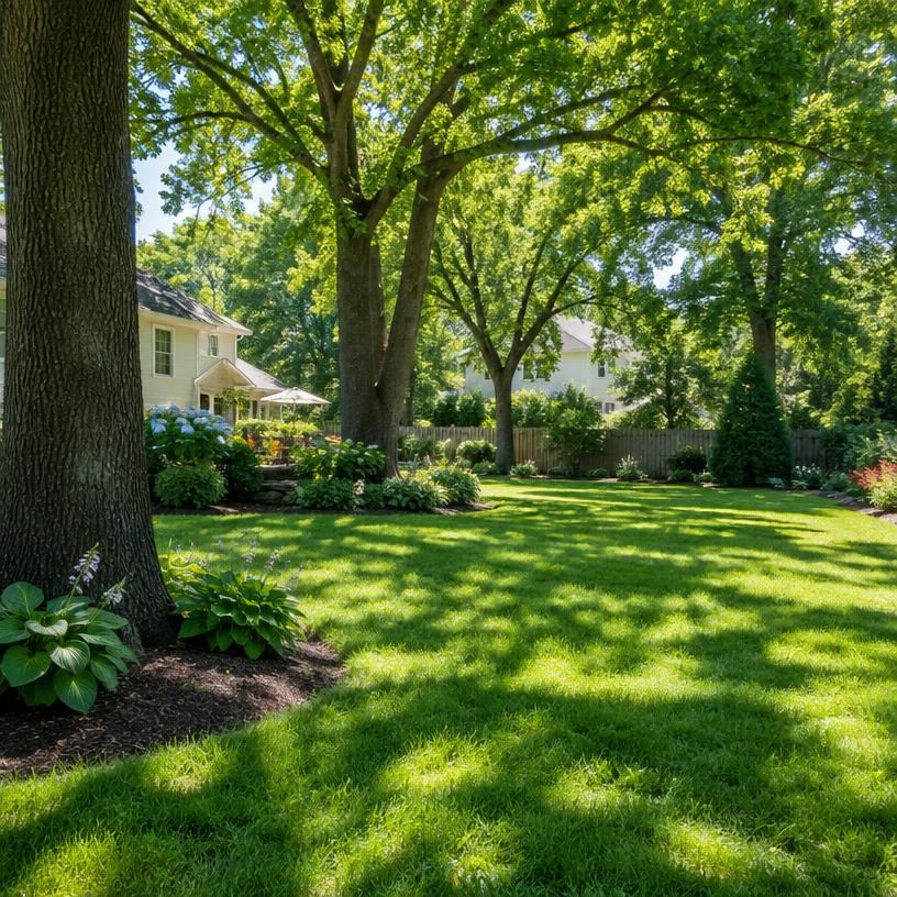 Shaded backyard lawn under mature trees in midsummer
