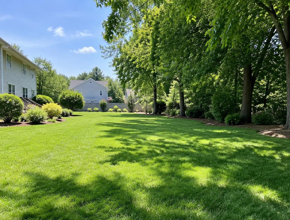 Backyard lawn moving from open sun into shade beneath mature trees in Springfield, NJ